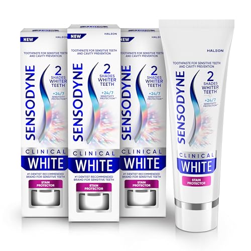 Sensodyne Clinical White Toothpaste Clinically Proven Whitening for Sensitive Teeth, Stain Protector, 3.4 Oz (Pack of 3)