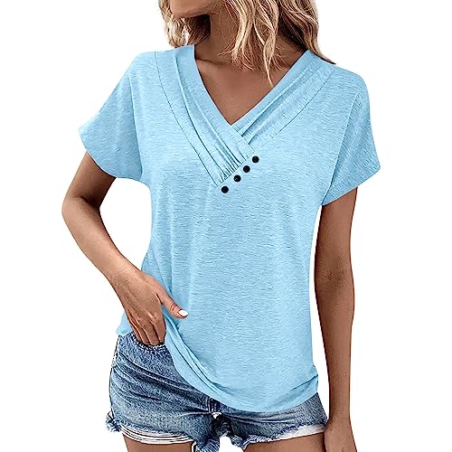 My Account Balance on Amazon Store Card,Exercise Top Women Ladies Casual V Neck Short Sleeve T Shirt Pleated Solid Color Button Women (c-Blue, M)