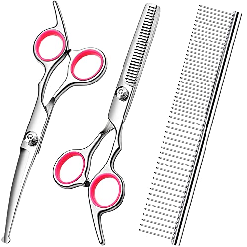 FAIGEO Dog Grooming Scissors with Safety Round Tips Stainless Steel Professional Dog Grooming Kit - Thinning, Curved Scissors and Comb for Dog Cat Pet