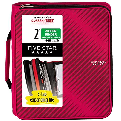 Five Star Zipper Binder, 2 Inch 3-Ring Binder for School, 6 Pocket Expanding File, 880 Sheet Capacity, Red (72538)