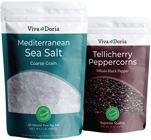 Viva Doria Tellicherry Black Peppercorn, Whole Black Pepper, Black Peppercorns, 12 Oz and Mediterranean Sea Salt, Coarse Grain, 2 lb, For Grinder Refills (2 Set)