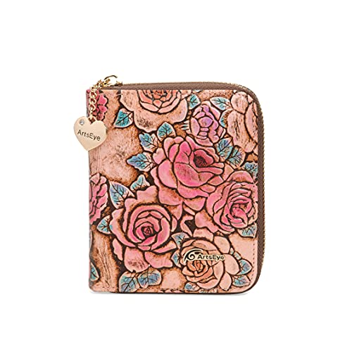 ArtsEye Women's Genuine Leather Short Zip Around Wallet (pink rose)