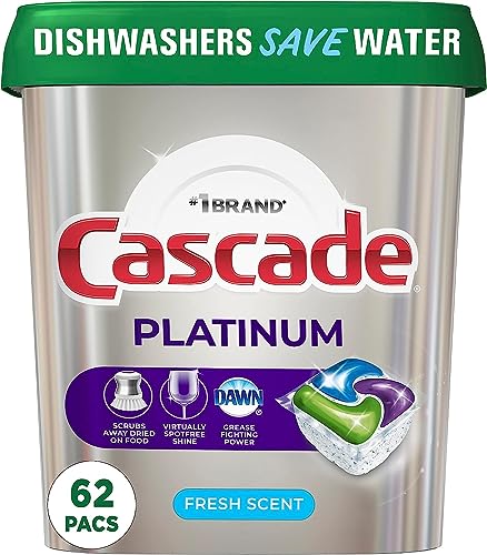 Cascade Platinum Dishwasher Pods, Detergent, Soap Pods, Actionpacs with Dishwasher Cleaner and Deodorizer Action, Fresh, 62 Count