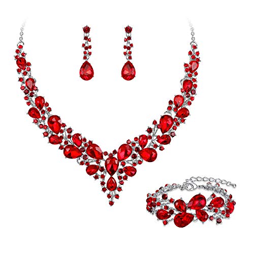 BriLove Wedding Bridal Jewelery for Women Austrian Crystal Teardrop Cluster Statement Necklace Dangle Earrings Link Bracelet Set Ruby Color Silver-Tone