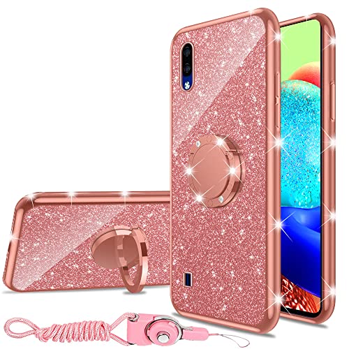 nancheng for ZTE Blade A5 2020 Case Cute Girls Women Rhinestone Glitter Luxury TPU Phone Case with Ring Kickstand Strap Shockproof Protective Cover - Rose Gold
