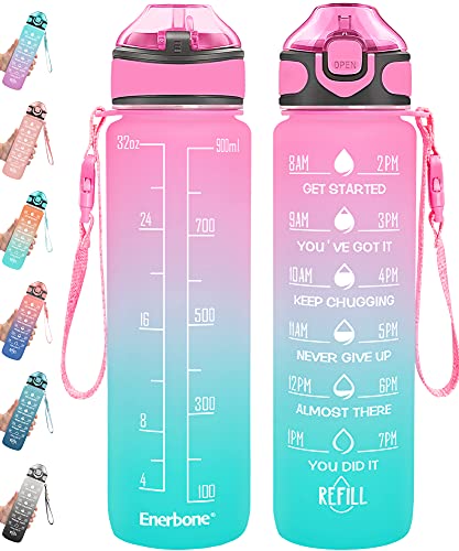Enerbone 32 oz Drinking Water Bottle with Times to Drink and Straw, Motivational with Carrying Strap, Leakproof BPA & Toxic Free, Ensure You Drink Enough Water for Fitness Gym Outdoor