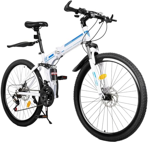Goudergo 26 Inch Outdoor Mountain Bike, 21 Speed Foldable Bicycle, Foldable Bike for Adults, Carbon Steel Bicycle, Portable Riding Road Bike for Outdoor Riding, White/Blue, Up to 260LBS
