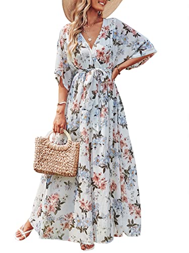 ANRABESS Women’s Floral Print Kimono Maxi Dress 3/4 Sleeve Wrap V Neck High Slit Long Beach Dress with Belt 487mudanfen-S