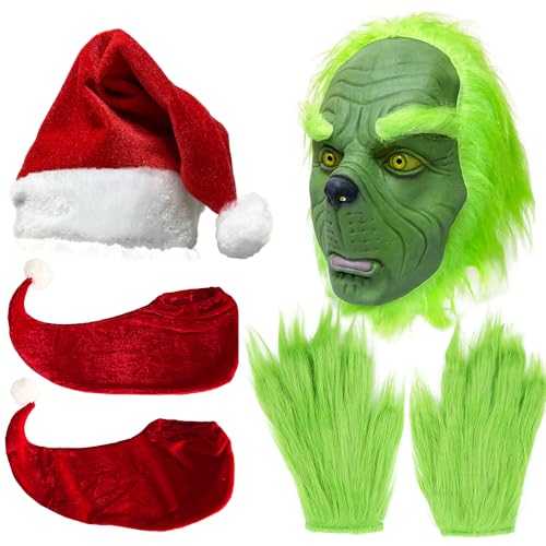Christmas Costumes 4pcs Green Furry Monster Mask And Green Furry Gloves Red Socks Christmas Santa Claus Costumes Cosplay Props for Adult