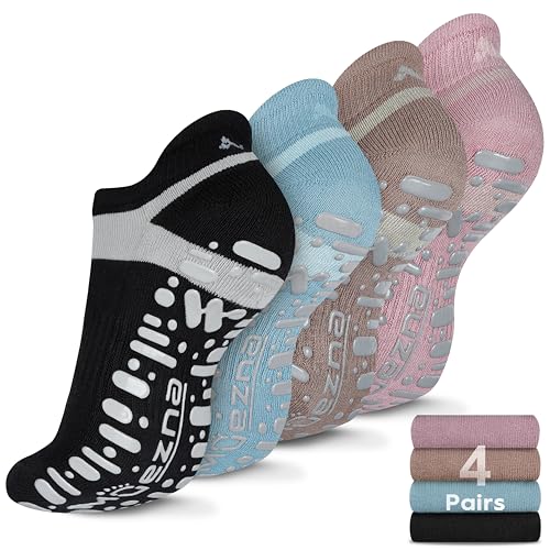 Muezna Non Slip Yoga Socks for Women, Anti-Skid Pilates, Barre, Bikram Fitness Socks with Grips, Size 5-10 (4 Pack - Black/Coral Pink/Coffee/Ice Blue)