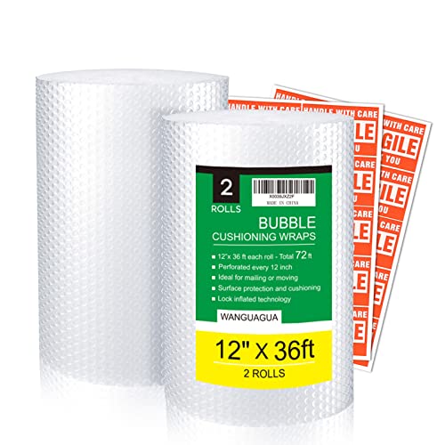 wanguagua 2 Pack 12 Inch x 72 ft Total Bubble Packing Nylon Wrap For Moving Boxes Shipping Cushioning Supplies Perforated Every 12”