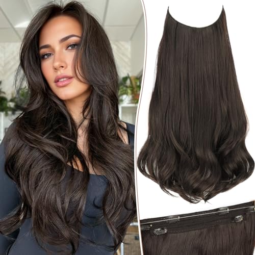 KooKaStyle Invisible Wire Hair Extensions Long Wavy Layered Synthetic Hair Extensions with Transparent Wire Adjustable Size 6 Secure Clips Dark Brown Hairpieces for Women 20 Inch