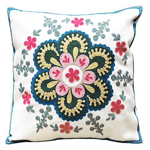 VOGOL Gorgeous Hand Made National Floral Embroidery Bohemian Housewarming Car Home Decoration Cushion Cover, Soft Durable Material Square Throw Pillow Cover Cases, 18 x 18 Inch