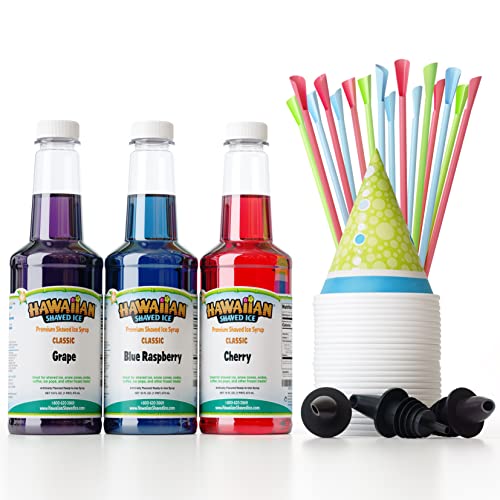 Hawaiian Shaved Ice Syrup Assortment with 3 - 16oz Bottles, 25 Snow Cone Cups, 25 Spoon Straws, and 3 Pouring Spouts. Flavors: Cherry, Blue Raspberry, and Grape. Allergy-friendly.