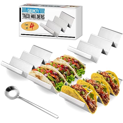 Taco Holder 4 Packs - Stainless Steel Taco Holders Set of 4 by GEIKR, Oven & Dishwasher & Grill Safe Taco Trays, Each Metal Taco Stands for 3 Tacos, Stylish Taco Rack with Handles