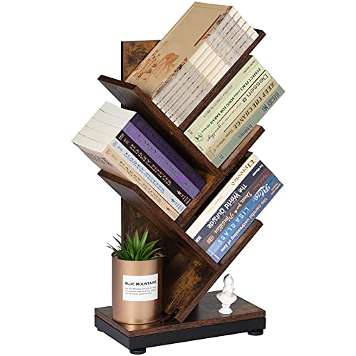 ruboka 4-Shelf Tree Bookshelf, 24.1-Inch Retro Floor Standing Bookcase Display for CDs/Magazine/Books, Small Bookshelf for Bedroom, Living Room, Office,Balcony, Brown Storage Shelves DESK51A