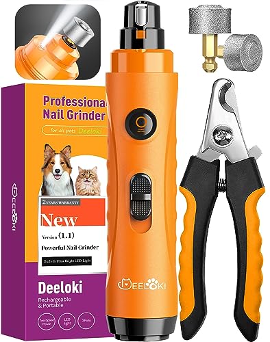 DEELOKI Dog Nail Grinder with LED Light Upgraded 2 Speeds Painless Pet Dog Nail Trimmers and Clipper Super Quiet Best Cat Dog Nail Clipper Kit for Large Small Dogs Pets Cats Breed Paws Quick Grooming