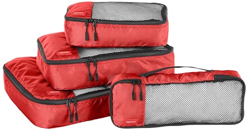 Amazon Basics 4 Piece Packing Travel Organizer Zipper Cubes Set, Small, Medium, Large, and Slim, Red