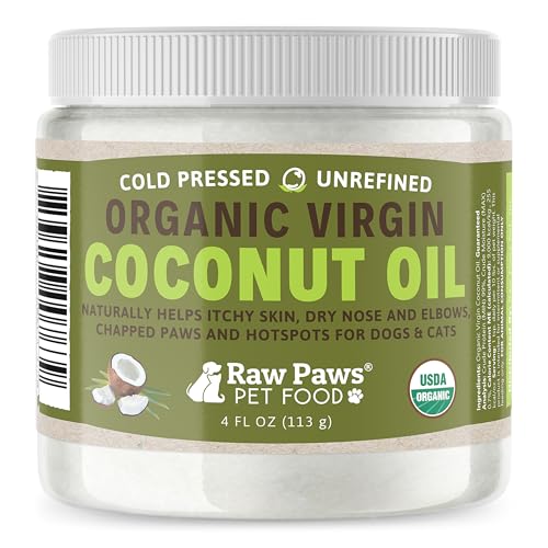 Raw Paws Virgin Organic Coconut Oil for Dogs & Cats, 4-oz - Treatment for Itchy Skin, Dry Nose, Paws, Elbows, Hot Spot Lotion for Dogs, Natural Hairball Remedy for Dogs & Cats