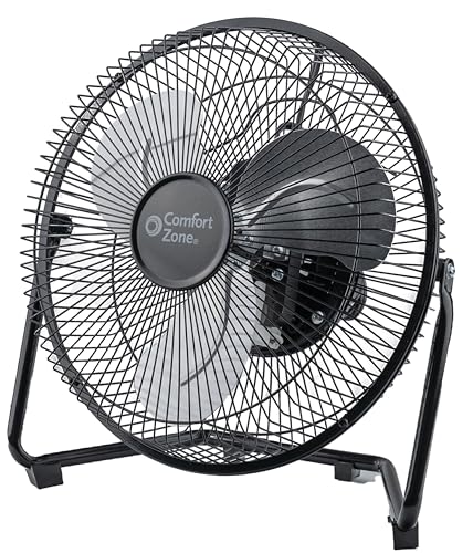 Comfort Zone Cradle Floor Fan, 9 inch, 3 Speed, Electric, 180 Degree Adjustable Tilt, All Metal, Carry Handle, Rubber Feet, Table Fan, Airflow 12.57 ft/sec, Ideal for Home, Bedroom & Office, CZHV9B