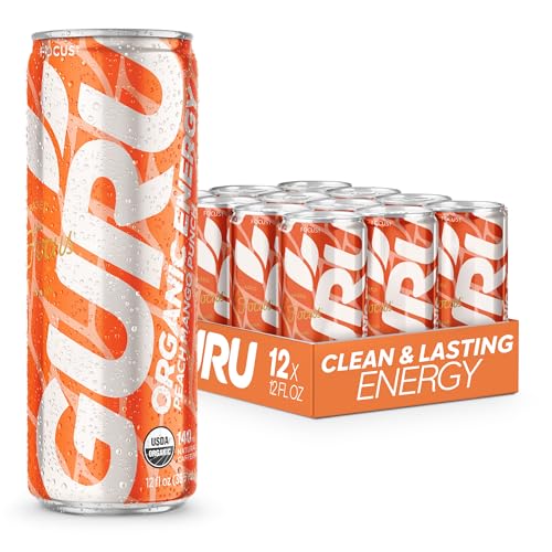 GURU Peach Mango Punch Organic Energy Drinks, Clean Energy Drink with Plant Based Natural Caffeine from Green Tea + Focus with CognatIQ, Gluten Free and Vegan, Pre Workout, 12oz (Pack of 12)