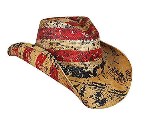 American Tea Stained Cowboy Hat, Vintage Straw USA Cowboy Hat with Stars & Stripes