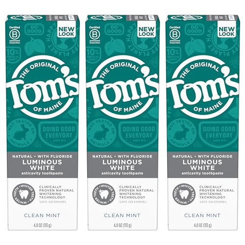 Tom's of Maine Natural Luminous White Toothpaste with Fluoride, Clean Mint, 4.0 oz. 3-Pack