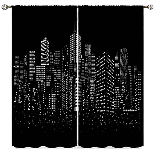 Yearn Jear New York Curtains Black White Modern Night City Window Drapes for Bedroom Living Room Cafe 2 Panels W42 x L45 Inch