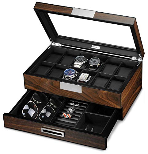 Lifomenz Co Wooden Watch Box for Men Watch Jewelry Box organizer with Valet Drawer,12 Slot Watch Display Case Holder Large Watch,Men Accessories Organizer with Real Glass Window Top
