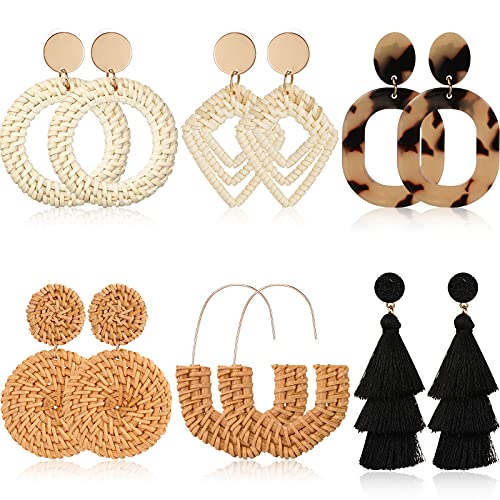 Hicarer 6 Pair Rattan Earrings Summer Straw Earrings for Women Tassel Woven Bohemian Earring Wicker Braid Hoop Drop Earring for Girls(Charming Series)