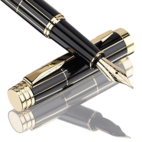 Tiankool Luxury Fountain Pen,Fine Nib, Exquisite Pen Gift Set for Men&Women-Includes 10 Ink Cartridges&Ink Converter- Nice Pens - Black - Gold Plaid