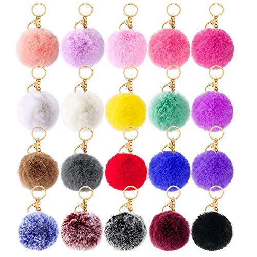 M&C Music Color 20 Pcs Faux Fur Ball Pom Poms Keychains for Handbag Purse Fluffy Ball (With Lobster Buckle)
