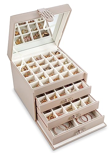 Glenor Co Earring Organizer Holder - 75 Small & 4 Large Slots Classic Jewelry Box with Drawer & Modern Closure, Mirror, 4 Trays Earrings, Ring or Chain Storage - PU Leather Case - Sand