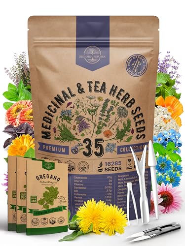 35 Medicinal & Tea Herb Seeds Variety Pack for Indoor & Outdoors. 16,300+ Non-GMO Heirloom Garden Seeds: Anise, Bergamot, Borage, Cilantro, Chamomile, Dandelion, Rosemary Seeds & More