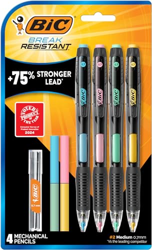 BIC Break-Resistant Mechanical Pencils with Erasers, No. 2 Medium Point (0.7mm), 4-Count Pack for School or Office Supplies