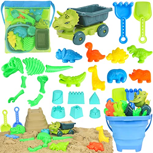 FUSPWEAO Beach Toys, Dinosaur Sand Toys with Dump Truck and Collapsible Beach Bucket, Shovel and Rake, Mesh Bag, Animal Dinosaur Sand Molds, Sand Castle Toys, Sandbox Toys for Toddlers Kids Boys