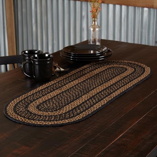 VHC Brands Farmhouse Primitive Jute Black Textured Striped Oval Table Runner 13'x36'