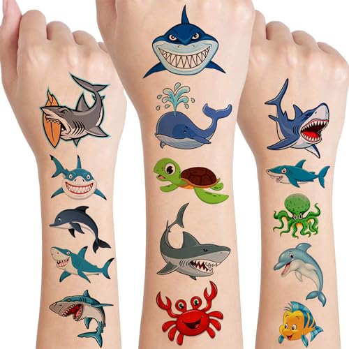 12 Sheets Ocean Animals Temporary Tattoos for Kids, Under the Sea Birthday Party Supplies Decorations Shark Dolphin Crab Fish Turtle Party Favors for Boys Girls Children Sea Animal Goodie Bag Fillers