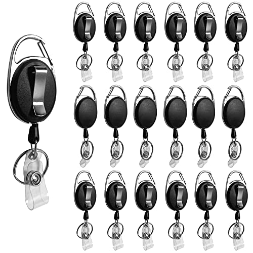 Diateklity 20 Pack Retractable Badge Holder with Carabiner Reel Clip, Bulk ID Card Key Holder with Ring, Heavy Duty Black Key Chain Extender for Office Work Employee