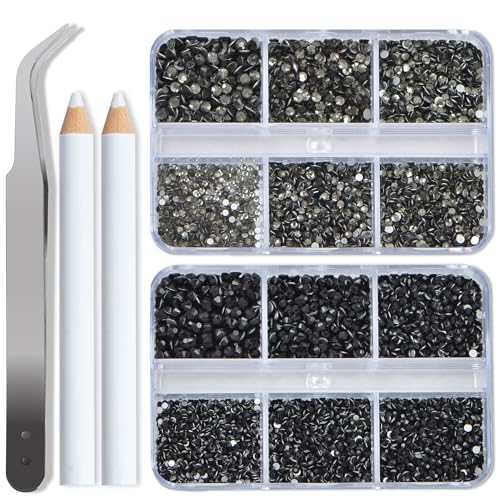 Bymitel 7200 Pieces Black Diamond and Black Rhinestones Flat Back 6 Mixed Sizes Crystal Round Glass Gems with Tweezers and Picking Rhinestones Pen