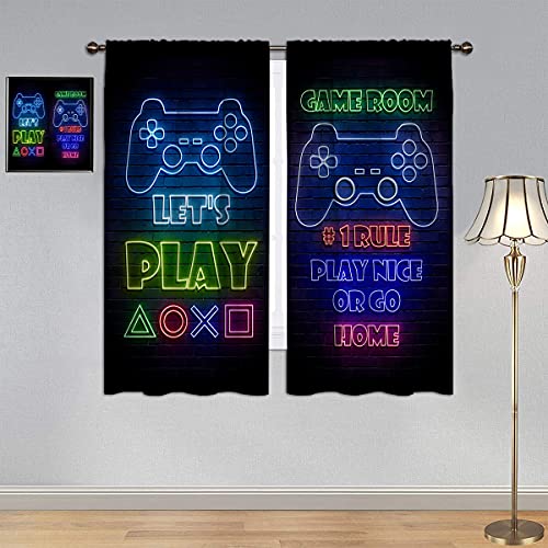 GY Gamepad Gamer Curtains, Rod Pocket Top Blackout Curtains/Drapes Video Games Controller Neon Sign Design Energy Efficiency Curtains Black Out Curtains 52x63 Inch