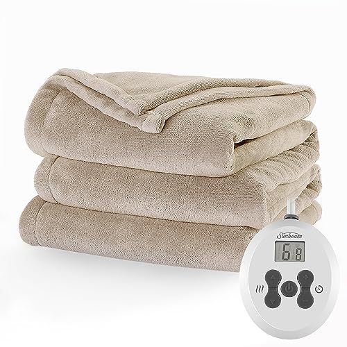 Sunbeam Royal Luxe Microplush Heated Electric Blanket Full Size, 84' x 72', 12 Heat Settings, 12-Hour Selectable Auto Shut-Off, Fast Heating, Machine Washable, Warm and Cozy, Mushroom