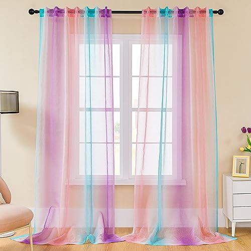 XiDi Sheer Curtains for Girls Bedroom,Purple Sheer Curtain for Living Room,Unicorn Curtains for Bedroom Decor,Back Tap Curtains 2 Panel Sets 84 inches Long for Kids