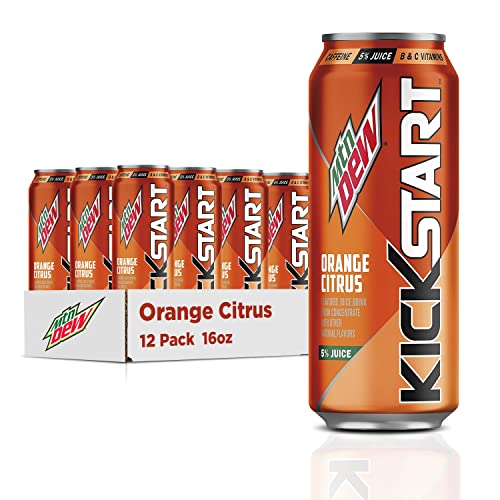 Mountain Dew Kickstart, Orange Citrus, 92mg Caffeine, Vitamins B & C, 80 Calories, 5% Juice, 16 Fl Oz (Pack of 12)