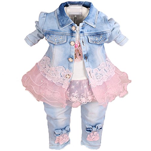 Yao Baby Girls Denim Clothing Sets 3 Pieces Sets T Shirt Denim Jacket and Jeans(Pink,1-2Y)