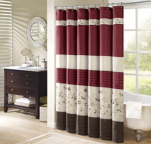 Madison Park Serene Flora Fabric Shower Curtain, mbroidered Transitional Shower Curtains for Bathroom, 72' x 72', Red