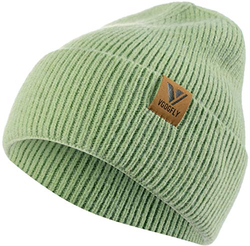 Vgogfly Beanie Men Slouchy Knit Skull Cap Warm Stocking Hats Guys Women Striped Winter Beanie Hat Cuffed Plain Hat Light Green