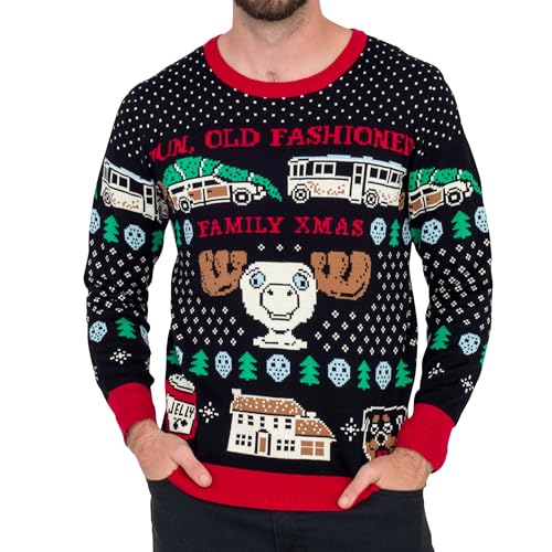National Lampoon's Christmas Vacation Fun Old Fashioned Xmas Knitted Ugly Christmas Sweater Black, Red