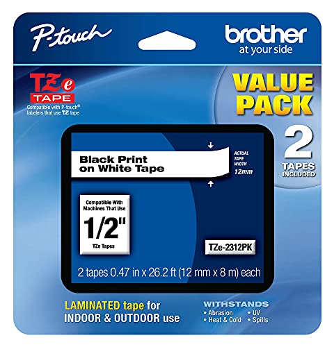 Brother Genuine P-Touch, TZe-231 2 Pack Tape (TZE2312PK) ½”(0.47”) x 26.2 ft. (8m) 2-Pack Laminated P-Touch Tape, Black on White