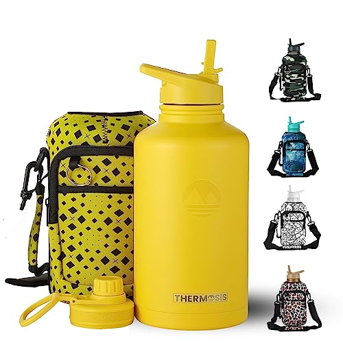 Themosis 64 Oz insulated water bottle Stainless Steel Water Bottle with Straw & Holder Strap - Includes 2 Lids water bottles - Leak Proof coldest water bottle for Men & Women - Yellow